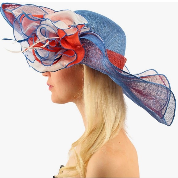 Kentucky Derby Side Flip 7" Brim Sinamay Layered Feather Hat USA Flag Patriotic - Picture 2 of 16